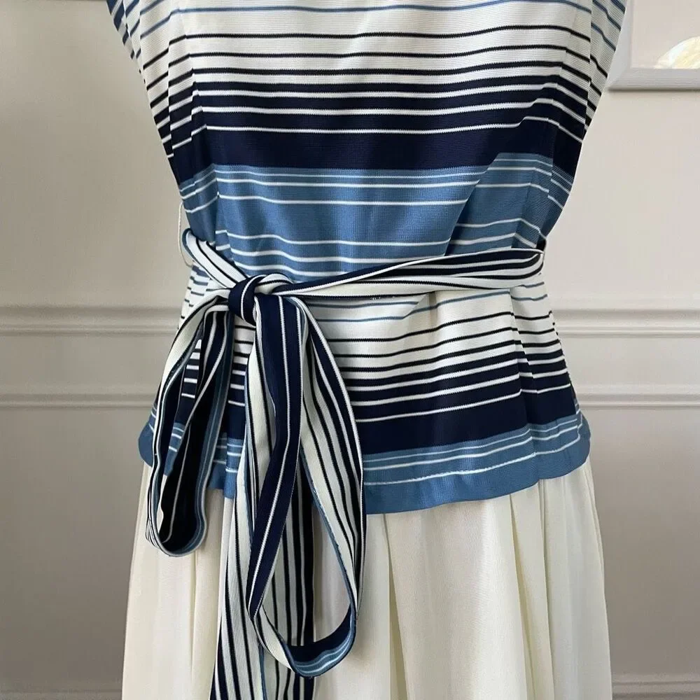 Vintage 60s Blue Variegated Stripe Sleeveless Dress S - Picture 3 of 8